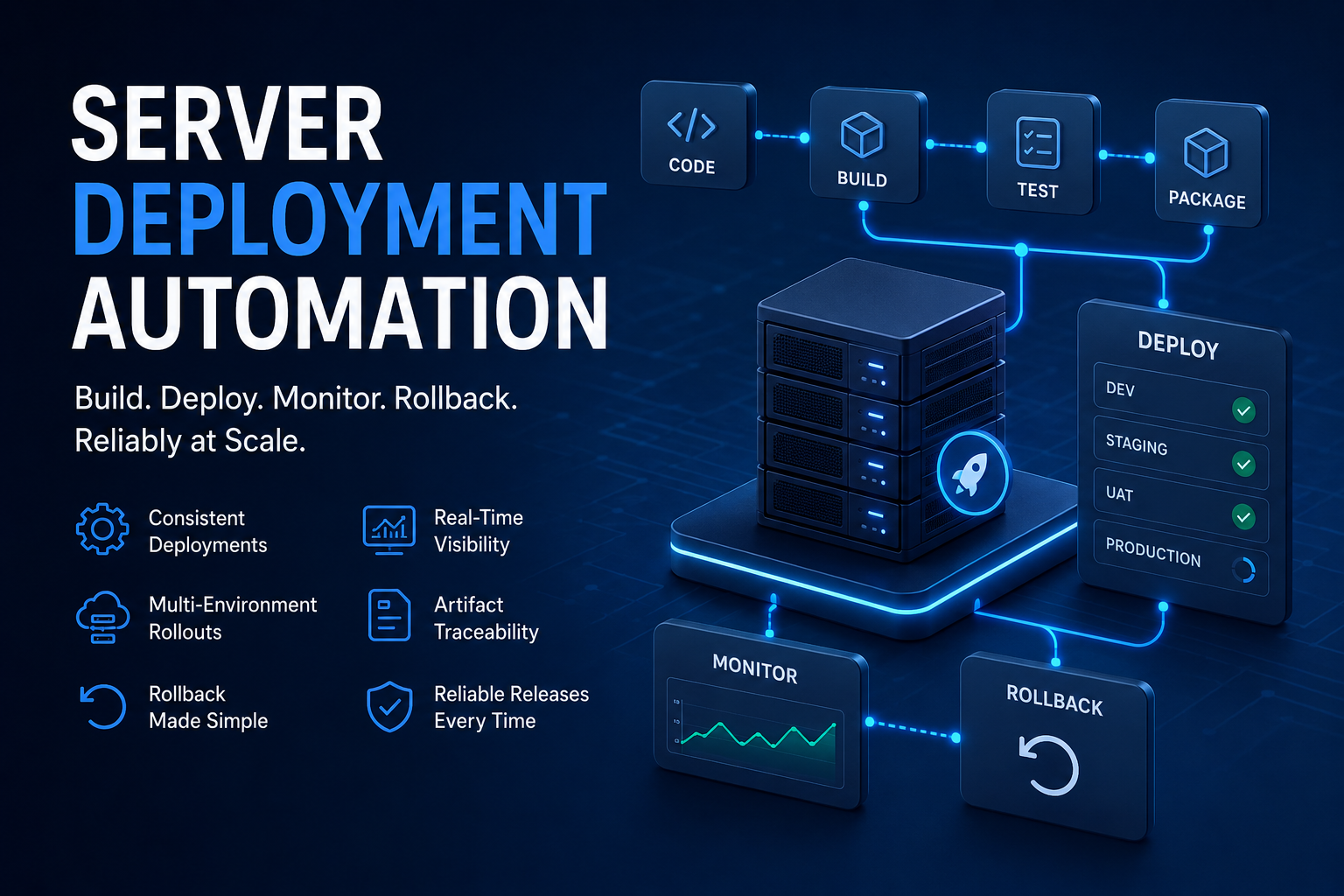 Modern server deployment automation workflow showing deployment orchestration, rollout visibility, rollback handling, release pipelines, and DevOps infrastructure operations