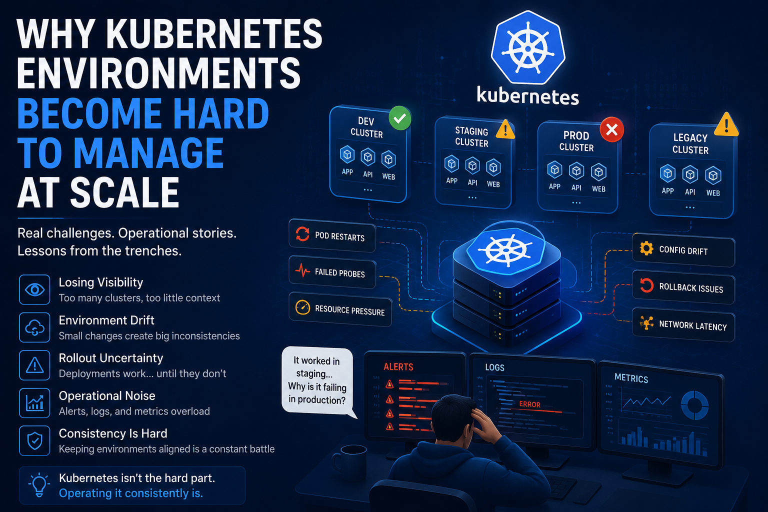 Kubernetes environment management illustration showing cluster drift, deployment inconsistency, operational visibility problems, alerts, rollout failures, and multi-cluster DevOps infrastructure challenges