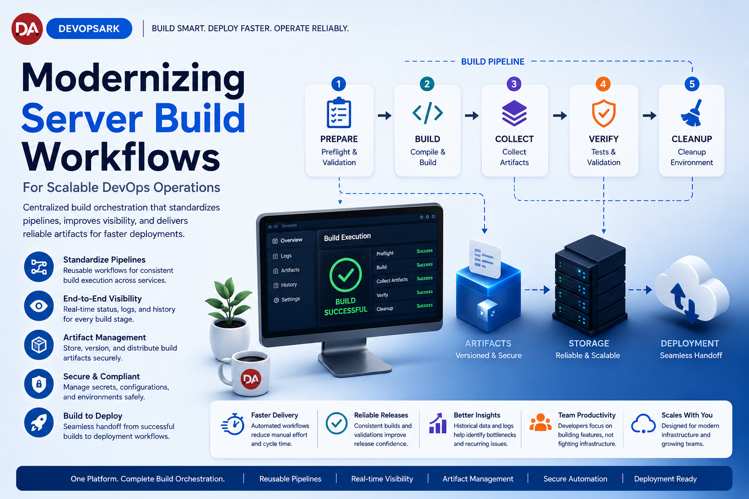 Modern server build automation workflow showing reusable build pipelines, artifact management, deployment orchestration, and real-time DevOps execution visibility