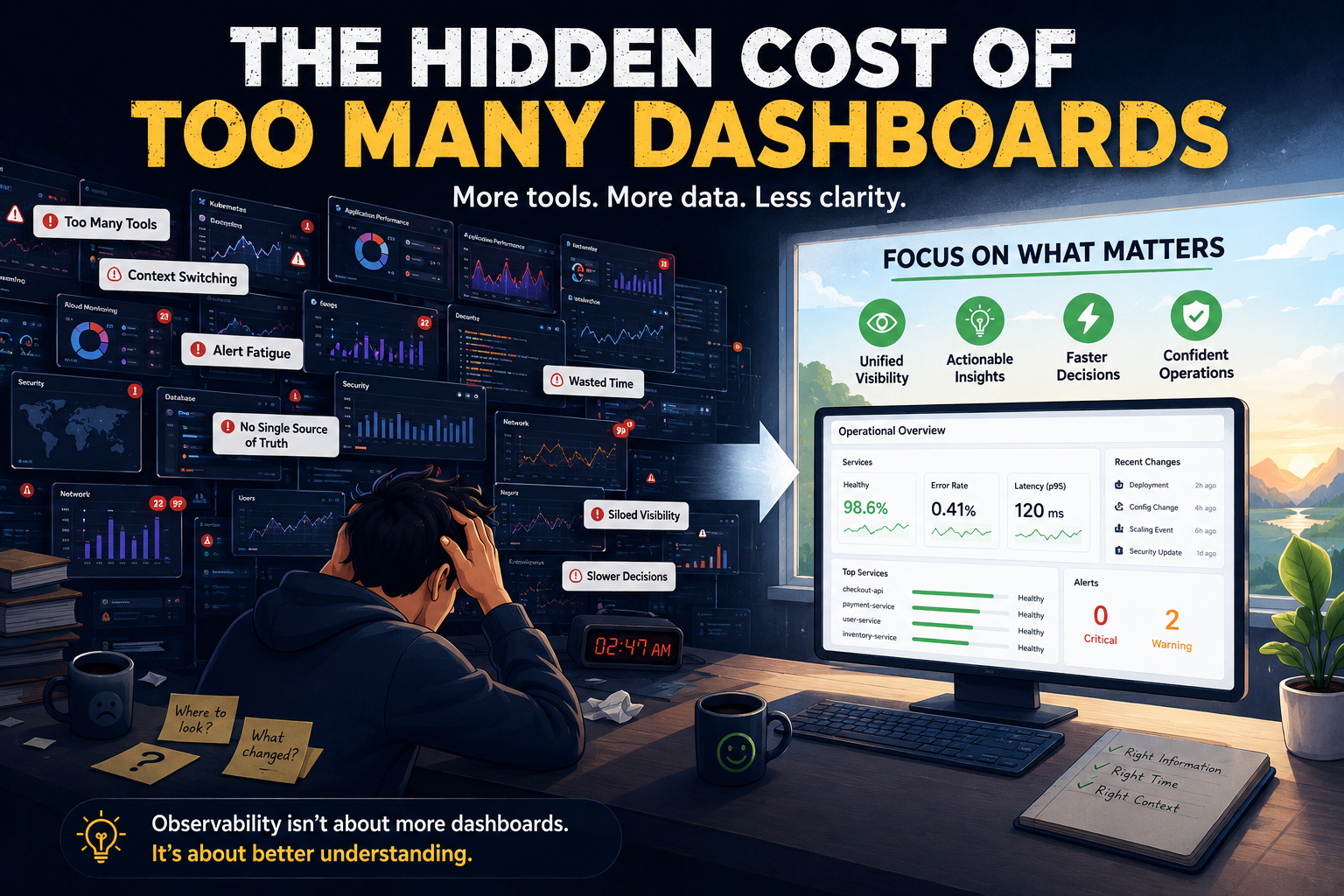Infrastructure visibility challenges caused by dashboard sprawl, fragmented monitoring tools, alert fatigue, and operational complexity in modern DevOps environments